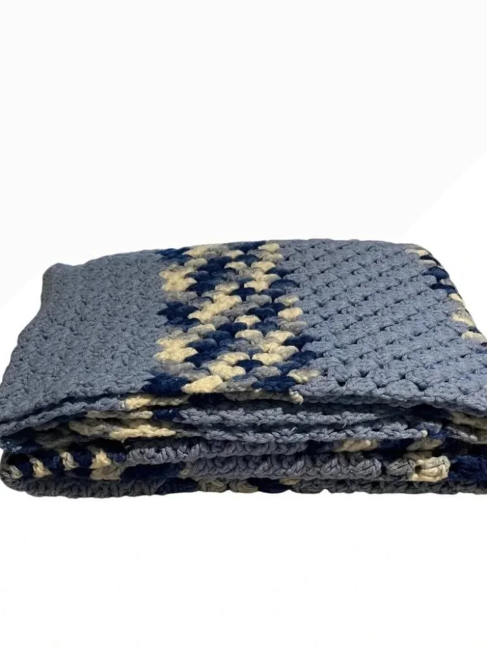 Handmade Crochet Throw Blanket Unisex 48x39 Blue Striped Excellent Afghan